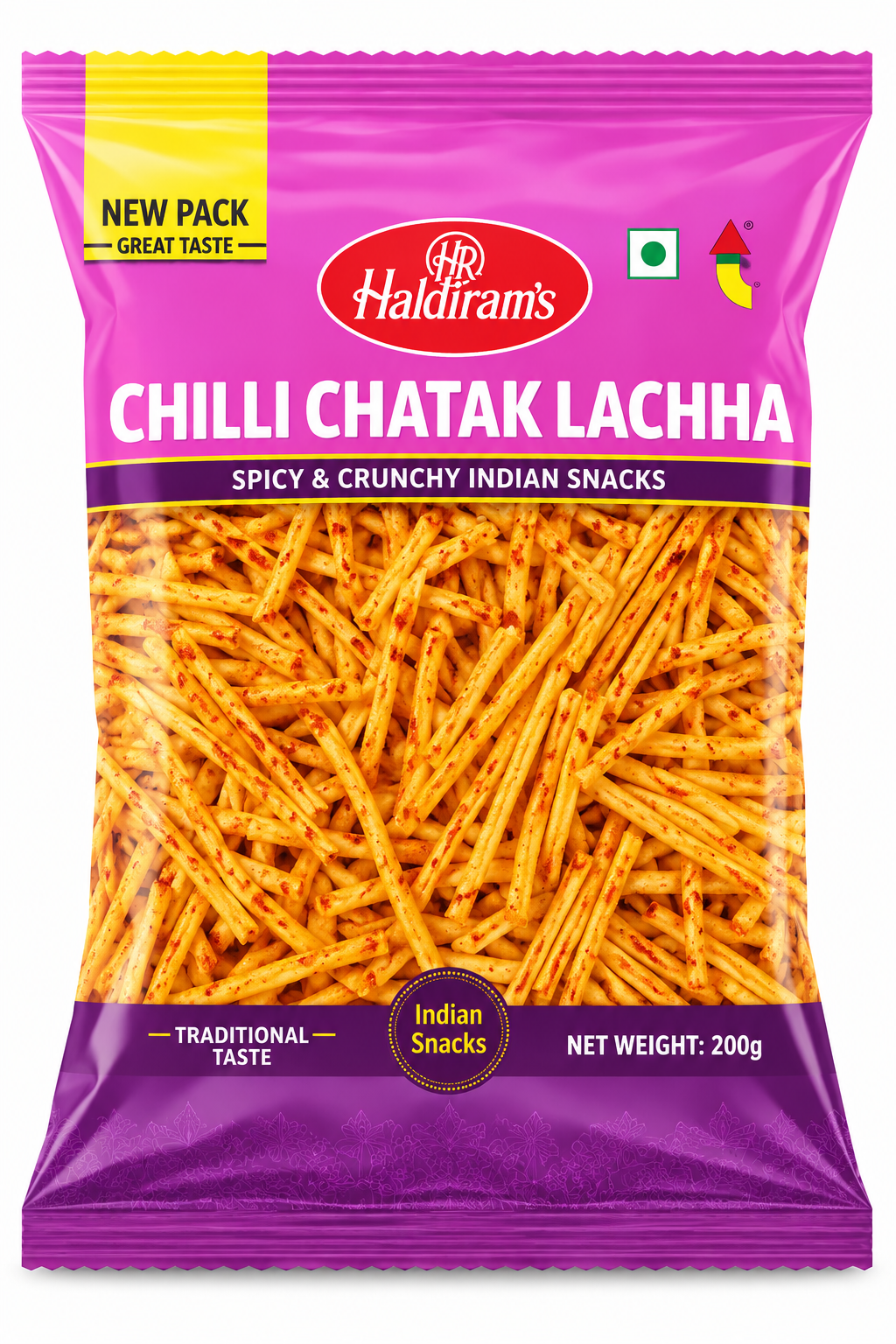 Haldiram’s Chilli Chatak Lachha savoury snack packet in pink and purple packaging, featuring thin, spicy, crispy lachha sticks.