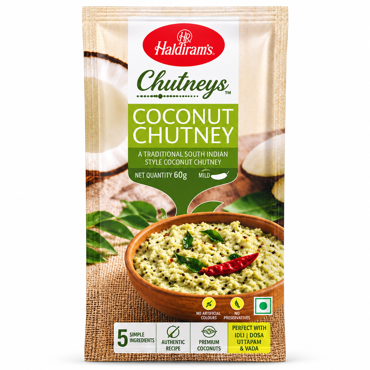 Haldiram's Coconut Chutney 60g packet with traditional South Indian style coconut chutney design
