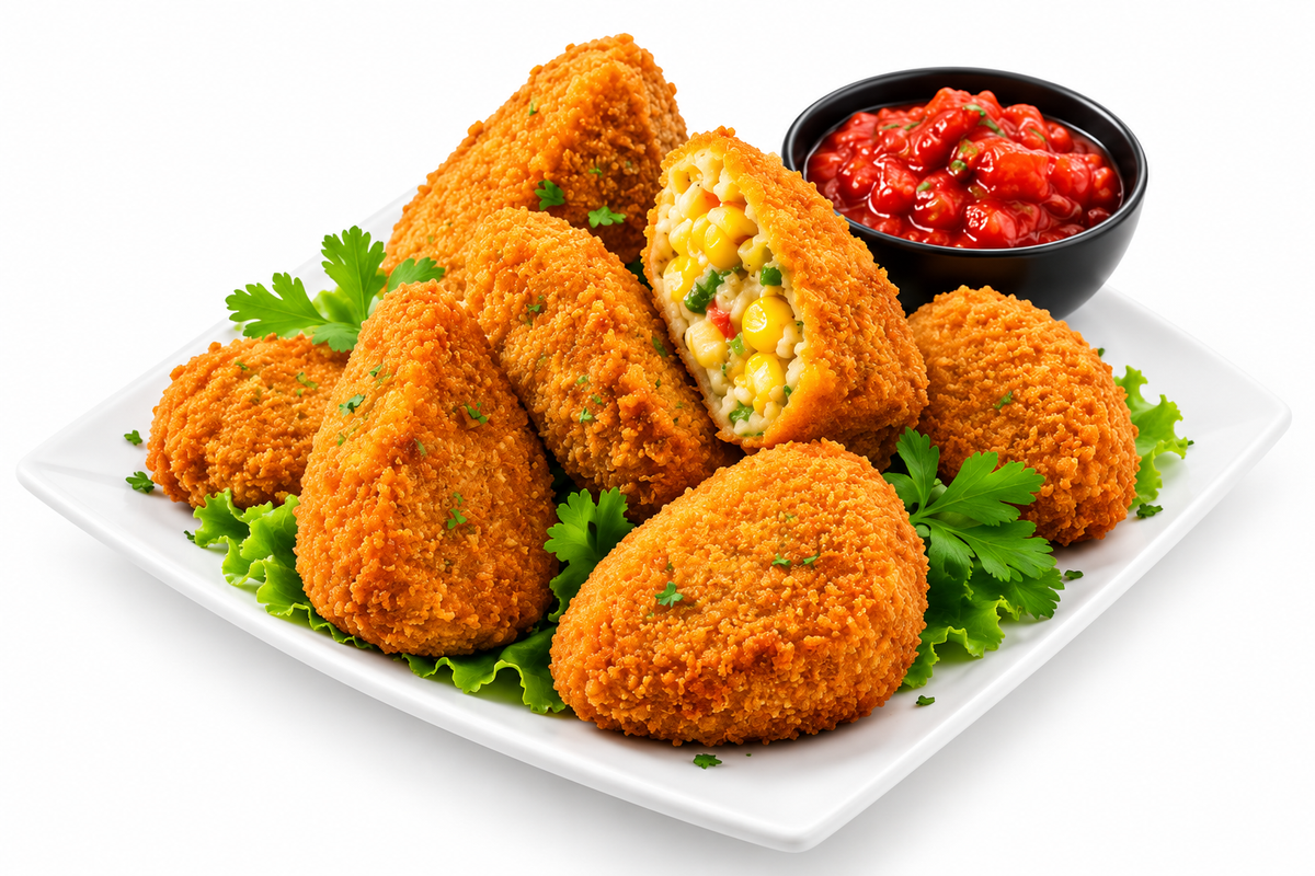 Golden crispy Haldiram's style corn cutlets with visible corn and vegetable filling, served on a white plate with tomato dip and fresh herbs on a white background