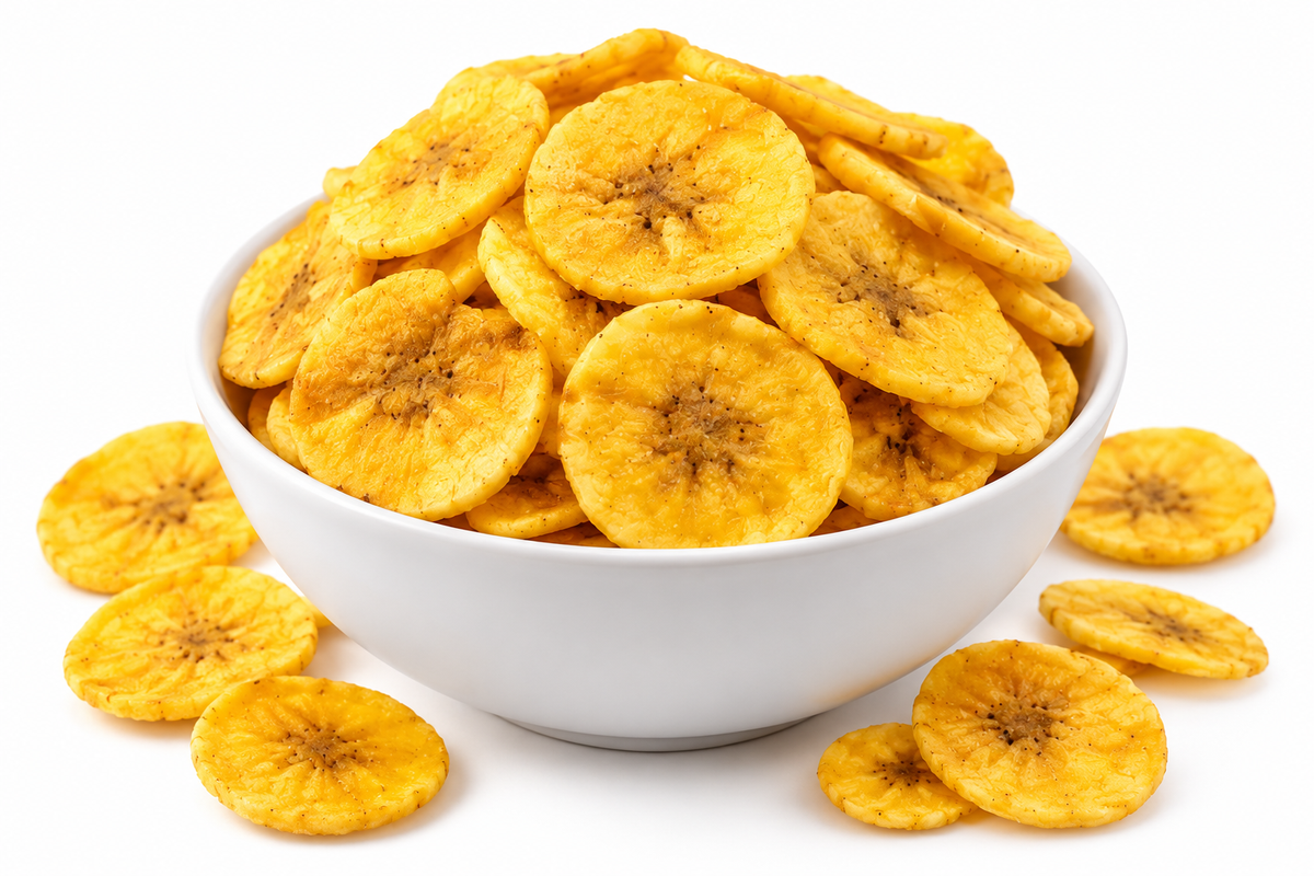 Haldiram's Dakshin Express style golden banana chips served in a white bowl with crispy banana slices scattered around on a clean white background