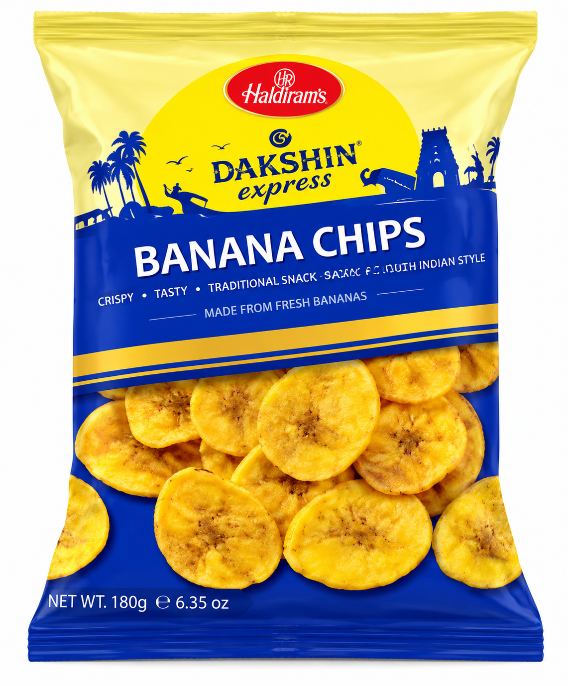 Haldiram's Dakshin Express Banana Chips 180g packet in yellow and blue packaging featuring golden crispy banana slices on a clean white background