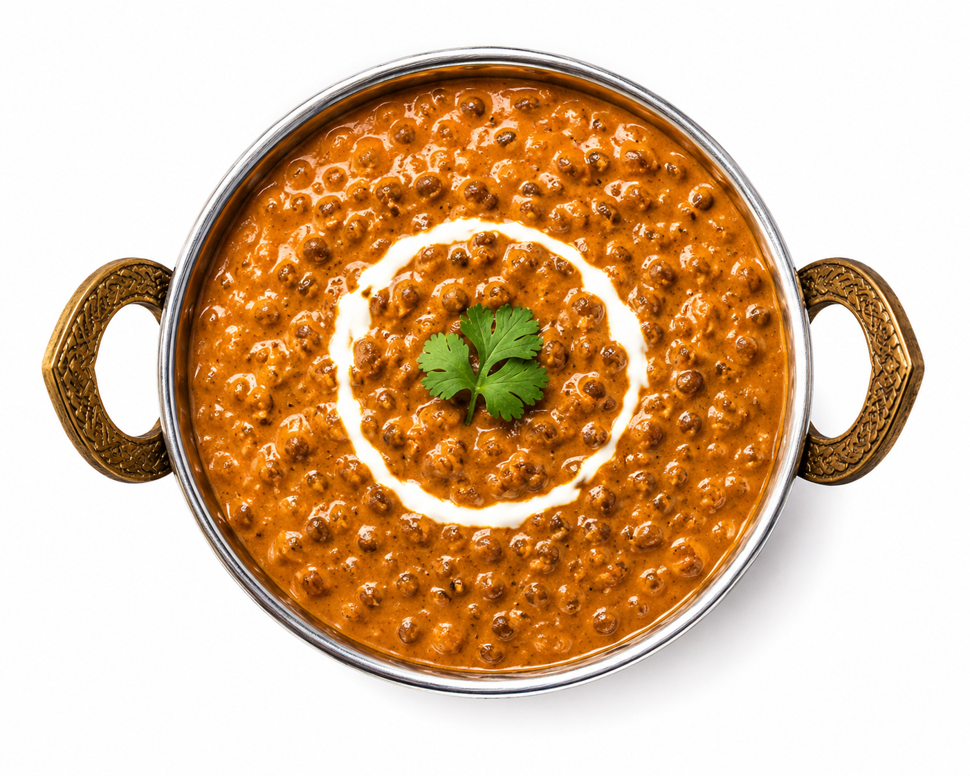 Haldiram's Dal Makhani served in a traditional metal bowl with a cream swirl and fresh coriander on a white background.