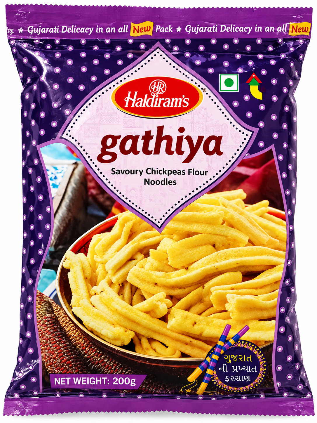 Haldiram’s Gathiya 200g packet featuring crispy savoury chickpea flour noodles in traditional Gujarati style packaging