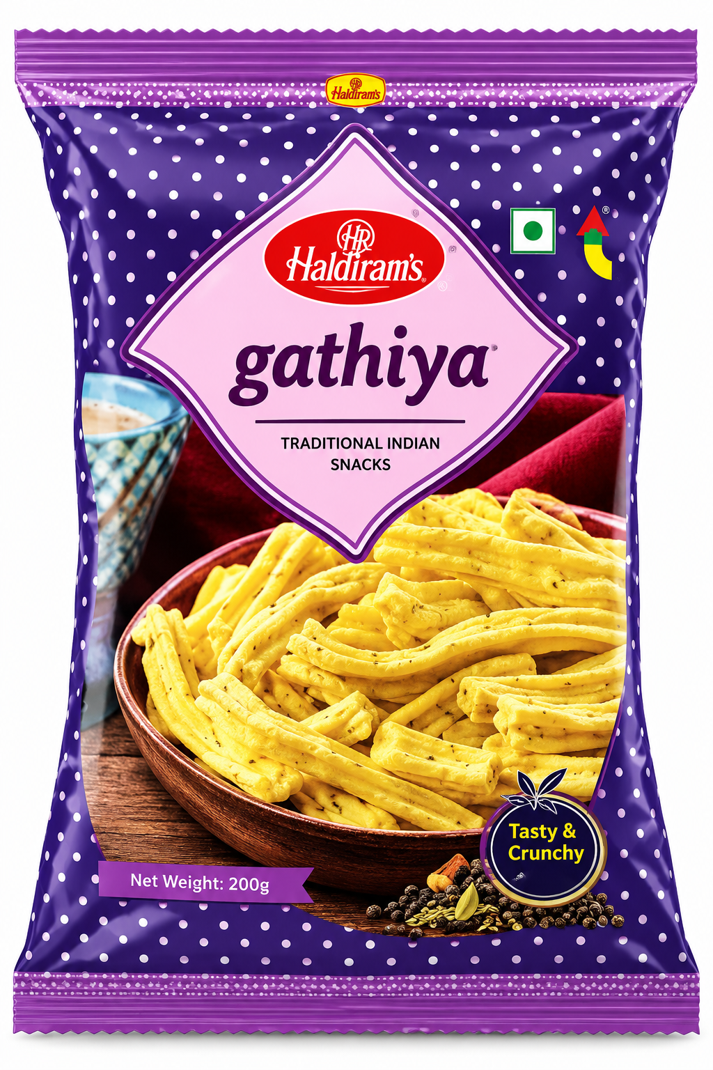 Haldiram’s Gathiya savoury snack packet in purple packaging, featuring golden, crispy ridged gathiya sticks.
