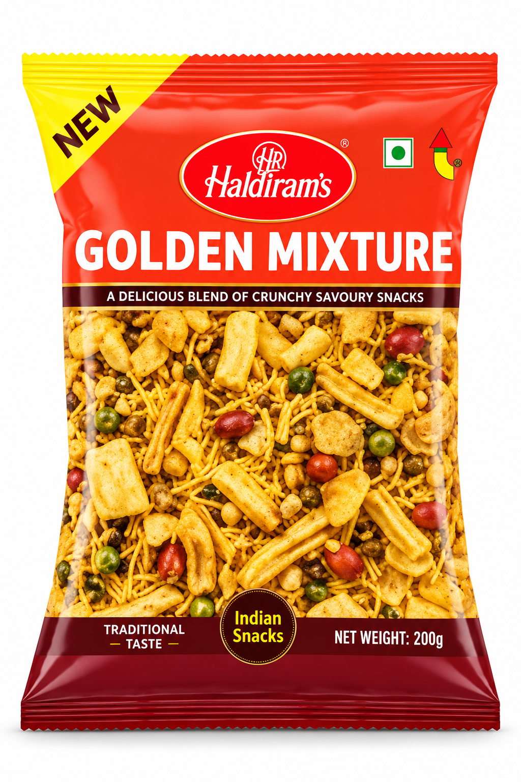 Haldiram’s Golden Mixture savoury snack packet in red and yellow packaging, featuring a crunchy mix of sev, peanuts, green peas and savoury snack pieces.