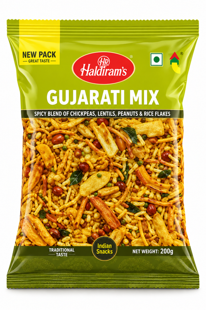 Haldiram’s Gujarati Mix savoury snack packet in green and yellow packaging, containing a crunchy mixture of sev, peanuts, pulses and savoury snack pieces.