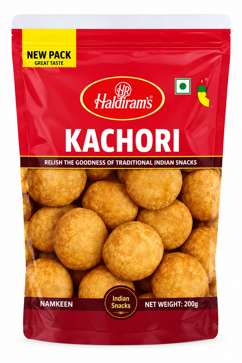 Haldiram’s Kachori snack packet in red packaging, featuring golden, round kachoris.
