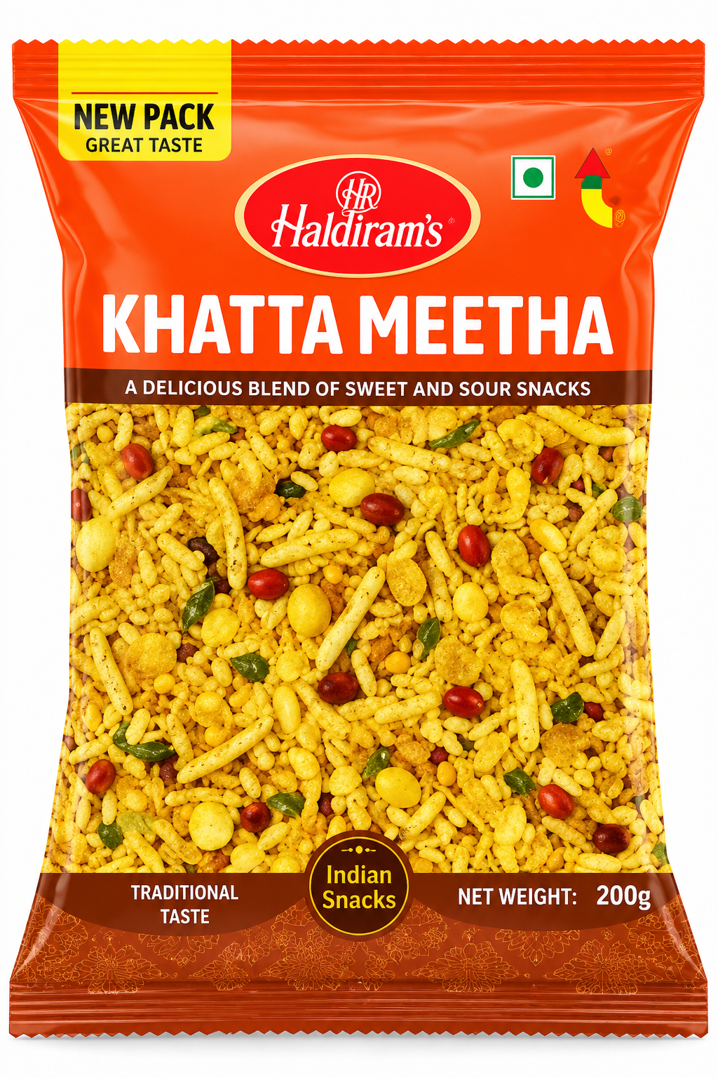 Haldiram’s Khatta Meetha savoury snack mix in an orange packet, featuring a crunchy blend of yellow snack pieces, peanuts and spices.