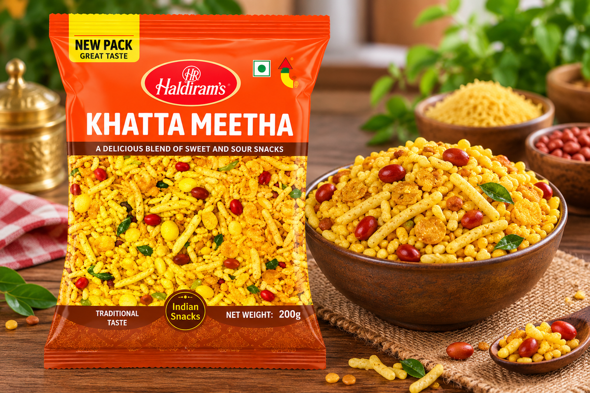 Haldiram’s Khatta Meetha snack packet displayed beside a bowl of crunchy sweet and sour snack mix with peanuts and curry leaves on a rustic wooden table.