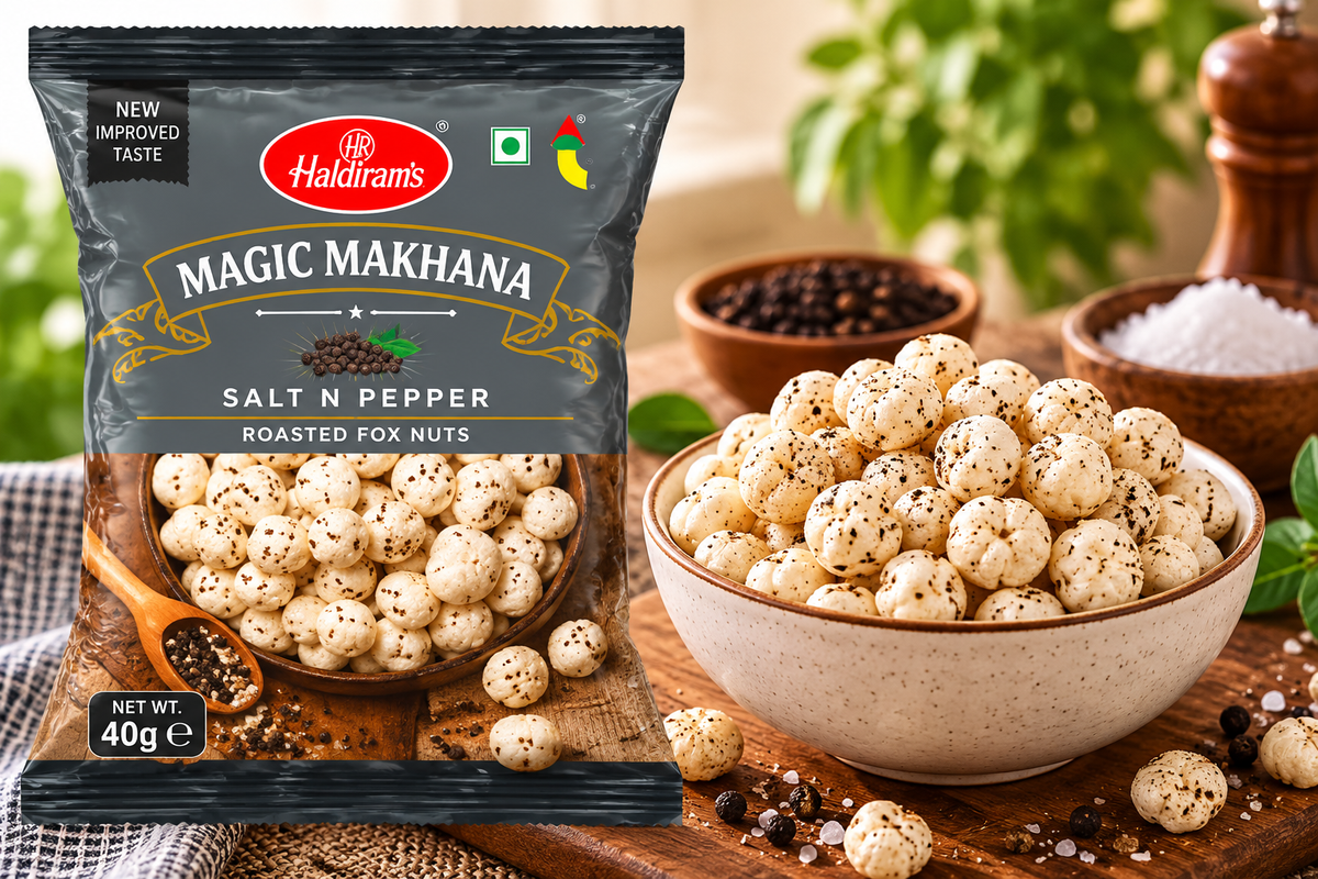 Haldiram’s Magic Makhana Salt N Pepper 40g packet displayed beside a bowl of pepper-seasoned roasted fox nuts with black peppercorns and salt on a rustic wooden table.