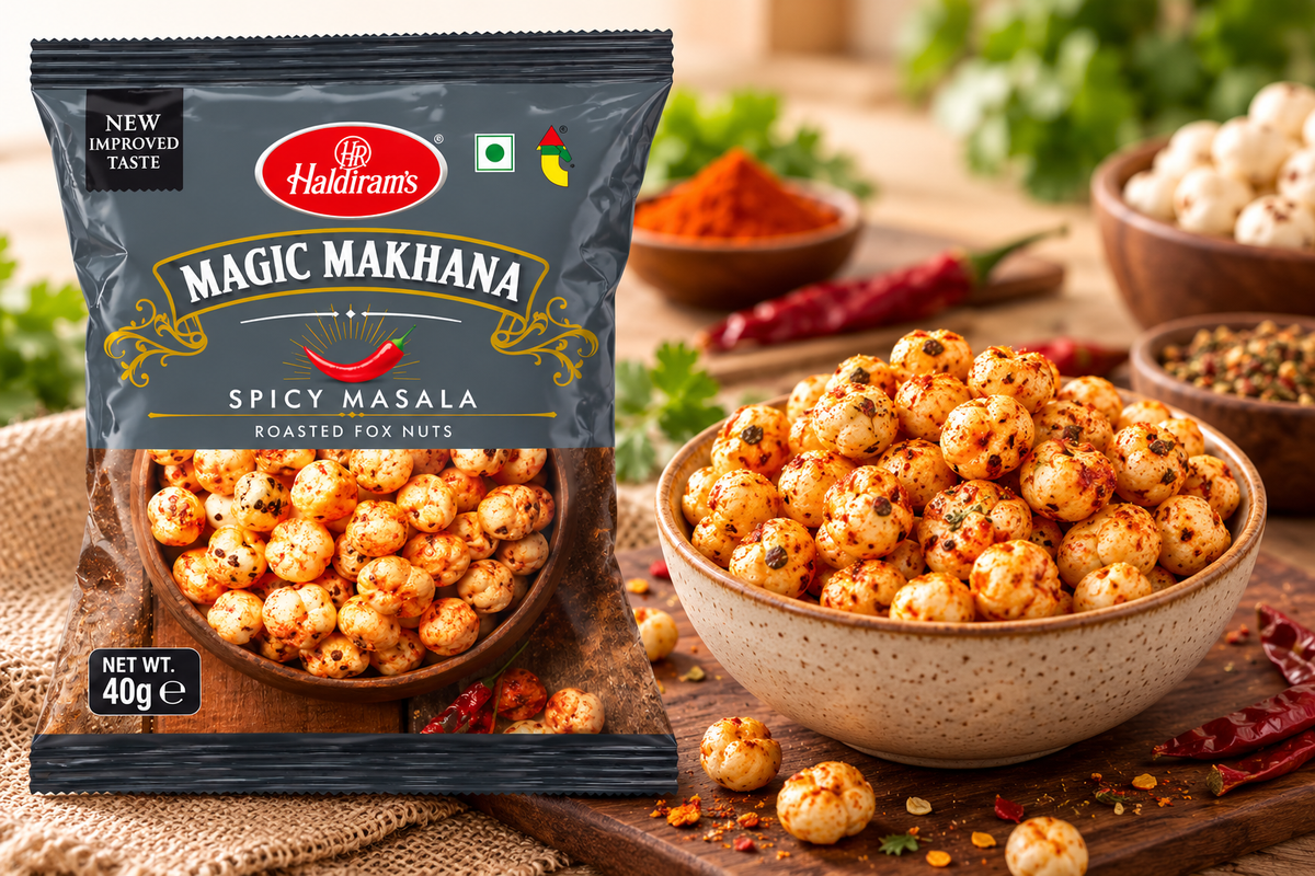 Haldiram’s Magic Makhana Spicy Masala Roasted Fox Nuts 40g packet displayed beside a bowl of seasoned roasted makhana with red chillies and spices on a rustic wooden table.