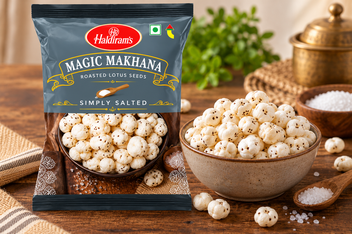 Haldiram’s Magic Makhana roasted fox nuts displayed in a bowl beside the product packet, highlighting the light, crunchy snack.