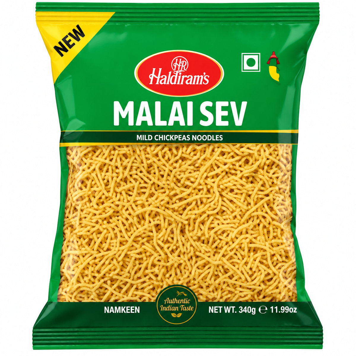 Haldiram's Malai Sev 340g green snack packet with a transparent window showing golden sev
