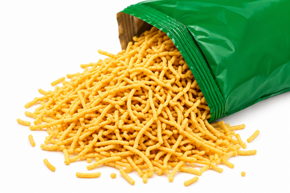 Golden crispy Malai Sev spilling from a green snack packet onto a clean white background