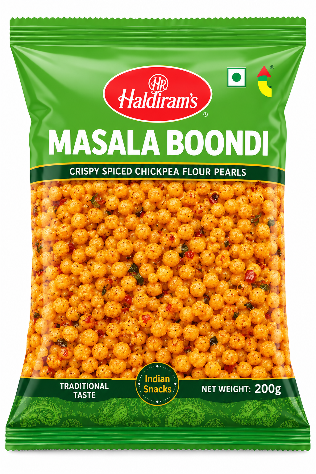 Haldiram’s Masala Boondi snack packet in green packaging, showing golden, spicy chickpea flour pearls.