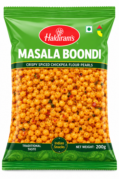 Haldiram’s Masala Boondi snack packet in green packaging, showing golden, spicy chickpea flour pearls.