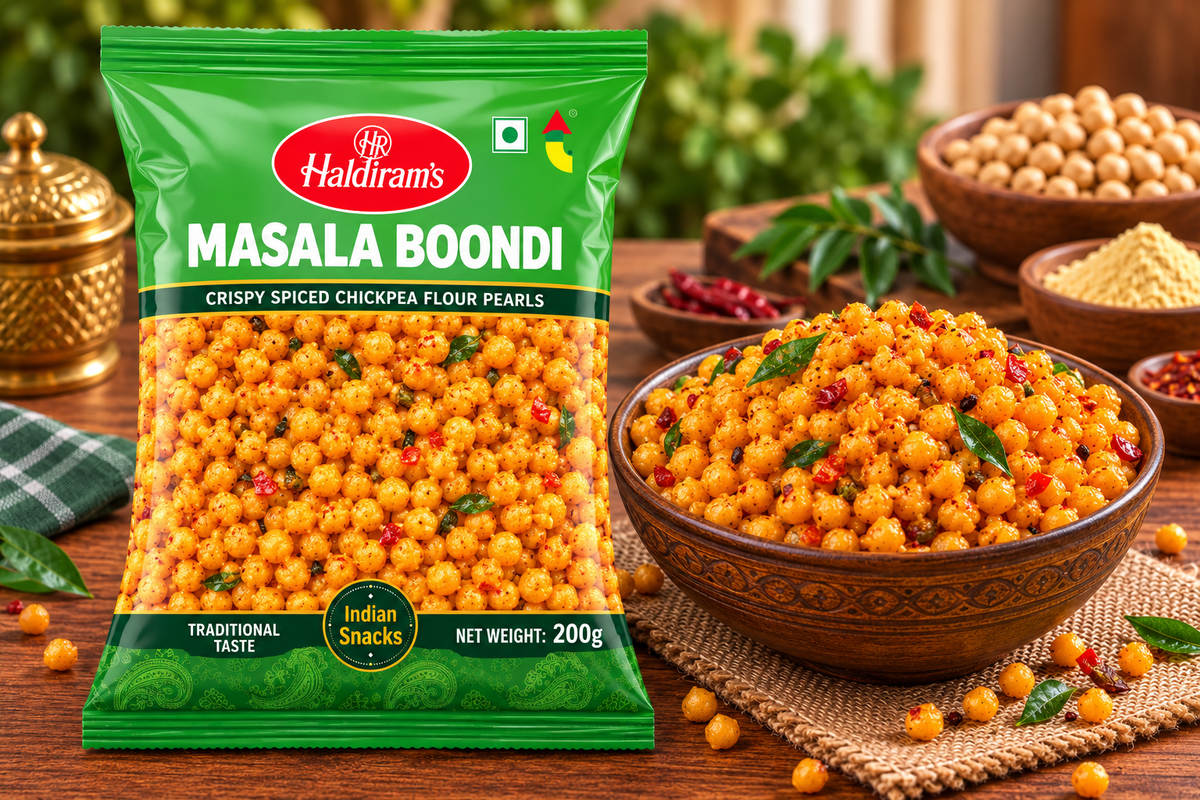 Haldiram’s Masala Boondi packet displayed beside a bowl of golden boondi seasoned with red chilli pieces and green curry leaves on a rustic wooden table.