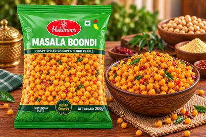 Haldiram’s Masala Boondi packet displayed beside a bowl of golden boondi seasoned with red chilli pieces and green curry leaves on a rustic wooden table.