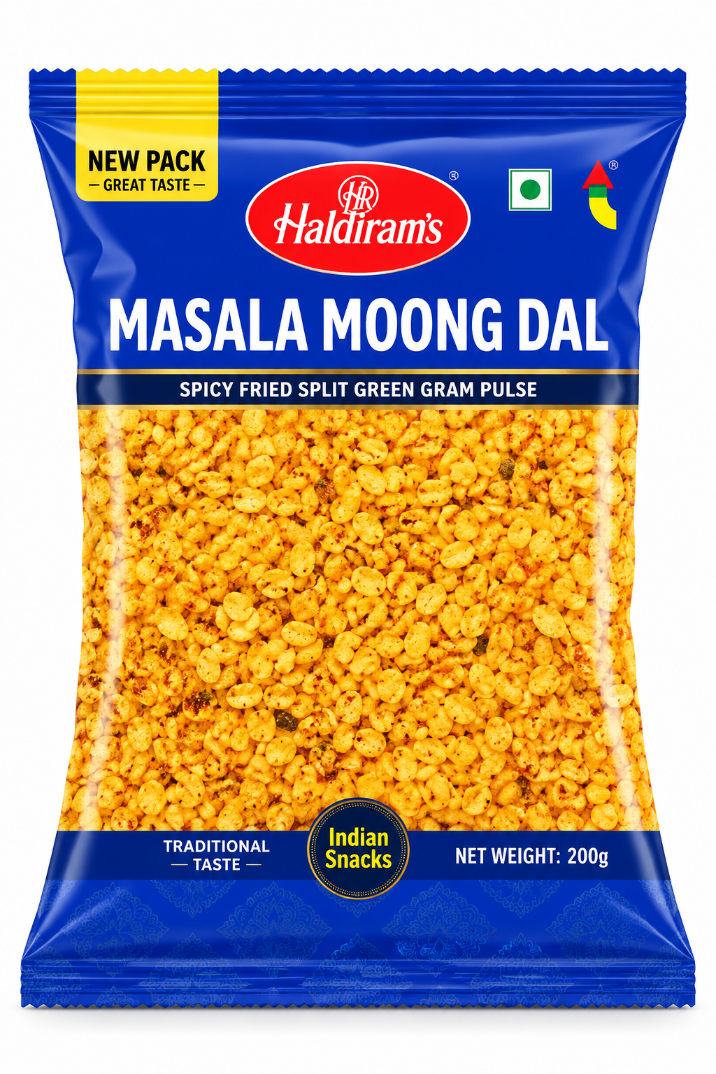 Haldiram’s Masala Moong Dal snack packet in blue packaging, showing golden, spice-coated crispy split green gram.
