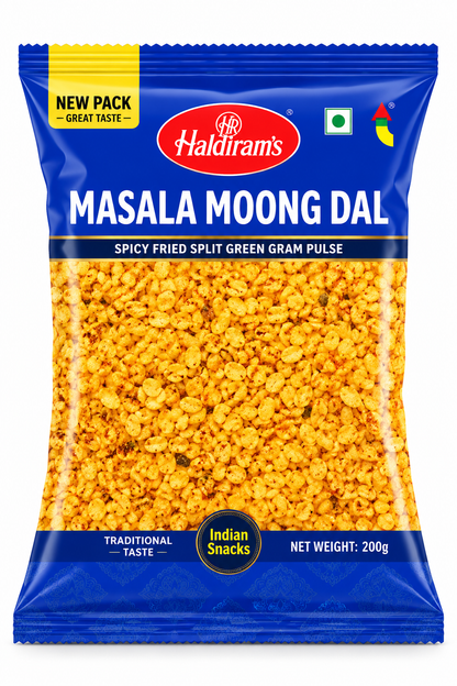 Haldiram’s Masala Moong Dal snack packet in blue packaging, showing golden, spice-coated crispy split green gram.