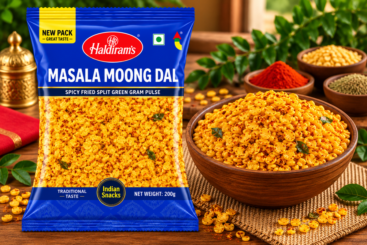 Haldiram’s Masala Moong Dal packet displayed beside a wooden bowl of golden, spicy moong dal, with red chilli powder, spices and green leaves on a rustic wooden table.