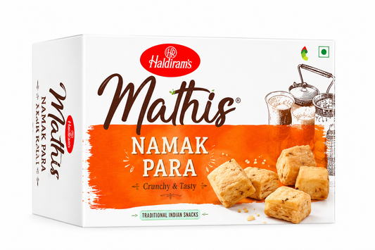 Haldiram's Mathis Namak Para traditional Indian savoury snack box with golden crispy snack pieces on a clean white background