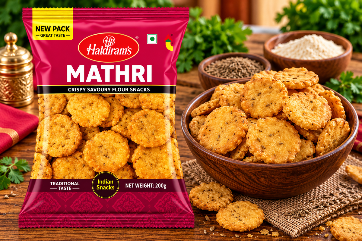 Haldiram’s Mathri snack packet displayed beside a wooden bowl of golden, crispy mathri crackers on a rustic wooden table with cumin seeds and spices.