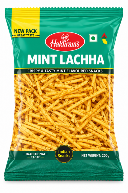 Haldiram’s Mint Lachha savoury snack packet in green packaging, featuring thin, golden, crispy lachha strands.