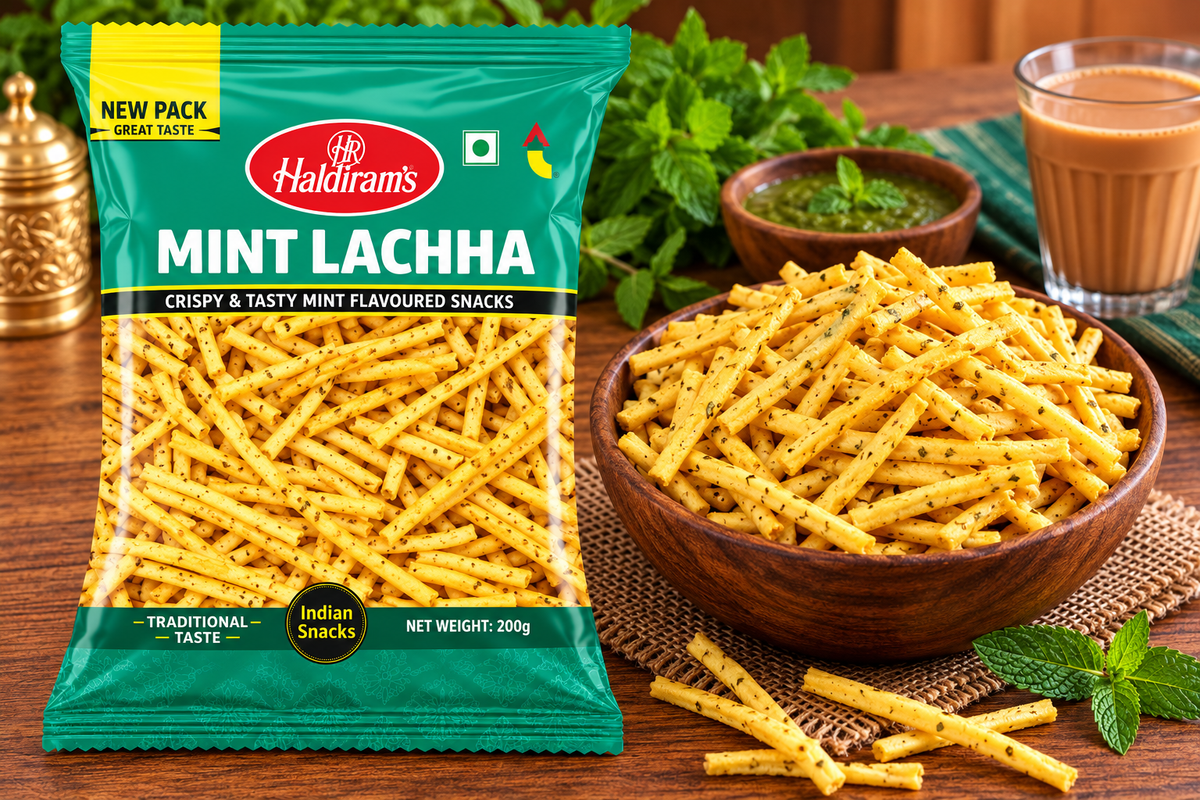 Haldiram’s Mint Lachha snack packet displayed beside a bowl of crispy golden lachha strands, with fresh mint leaves and green chillies on a rustic wooden table.