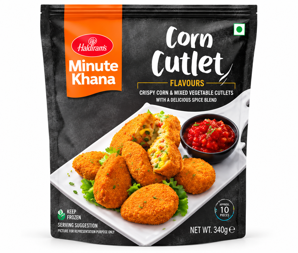 Haldiram's Minute Khana Corn Cutlet 340g frozen snack packet featuring crispy corn and mixed vegetable cutlets with tomato dip on the packaging