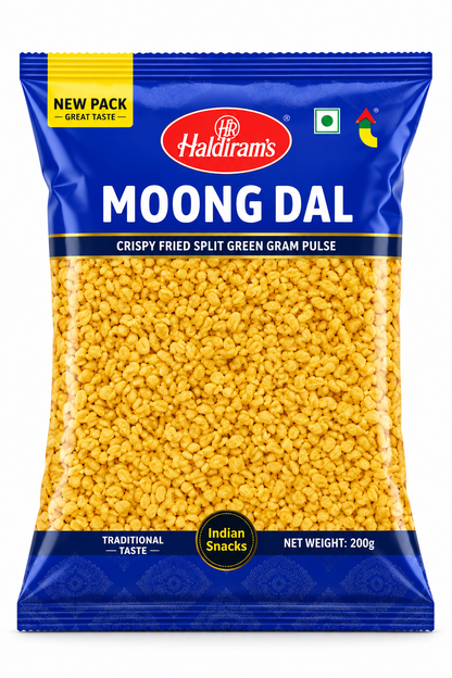 Haldiram’s Moong Dal snack packet in blue packaging, featuring golden crispy fried split green gram.