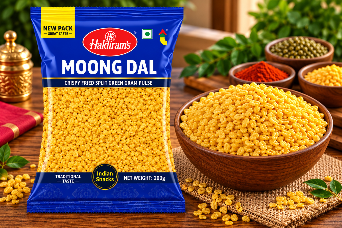 Haldiram’s Moong Dal snack packet displayed beside a wooden bowl of golden crispy moong dal, with spices and green leaves on a rustic wooden table.