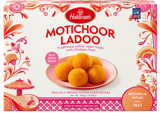 Haldiram’s Motichoor Ladoo 300g traditional Indian sweet box featuring golden chickpea flour ladoos, saffron, rose syrup and cardamom flavours, produced in the UK and suitable for festivals, celebrations, gifting and Indian dessert occasions