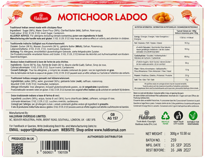 Haldiram’s Motichoor Ladoo 300g back packaging showing ingredients, allergen information, nutrition facts, storage instructions, manufacturer details, barcode, vegetarian symbol, net weight, manufacturing date and best-before date.