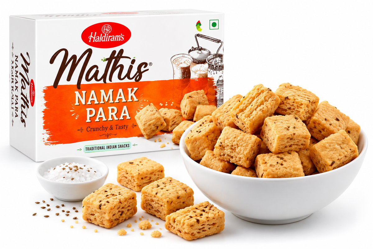 Golden crispy Mathis Namak Para snack pieces served in a white bowl alongside Haldiram's packaging on a clean white background