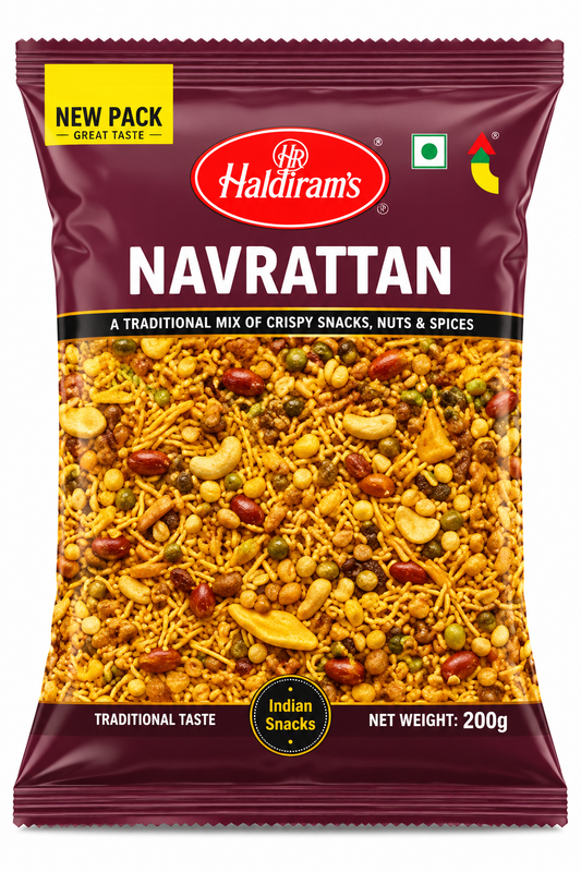 Haldiram’s Navrattan savoury snack mix in maroon packaging, featuring a crunchy mixture of sev, peanuts, peas, lentils and nuts.