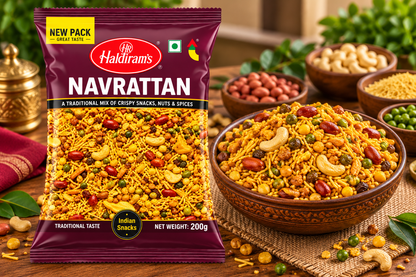 Haldiram’s Navrattan snack mix packet displayed beside a bowl of crunchy savoury mix with peanuts, cashews, peas and sev on a rustic wooden table.