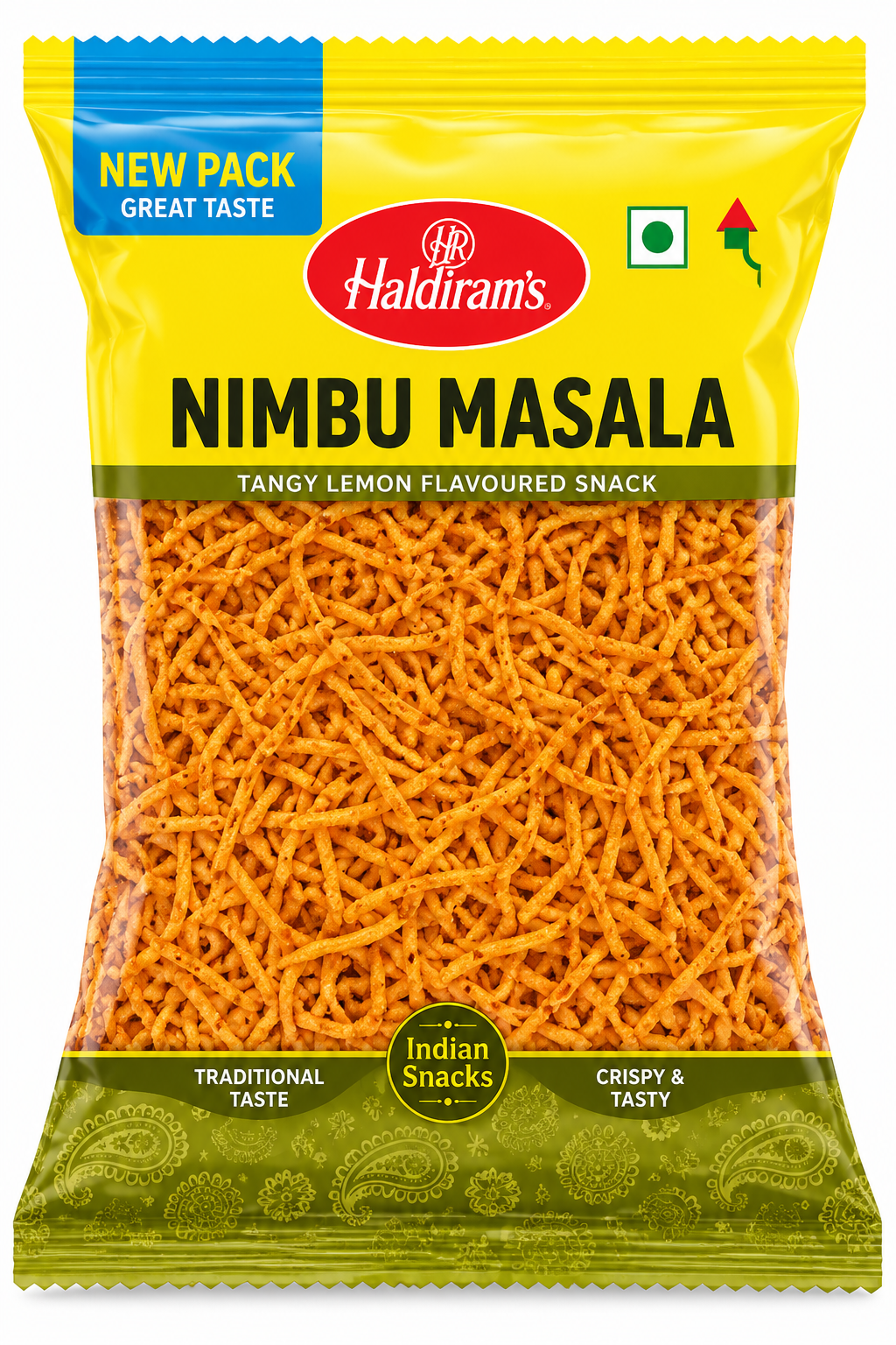 Haldiram’s Nimbu Masala snack packet with yellow and green packaging and crispy, golden sev visible through the transparent window against a white background.
