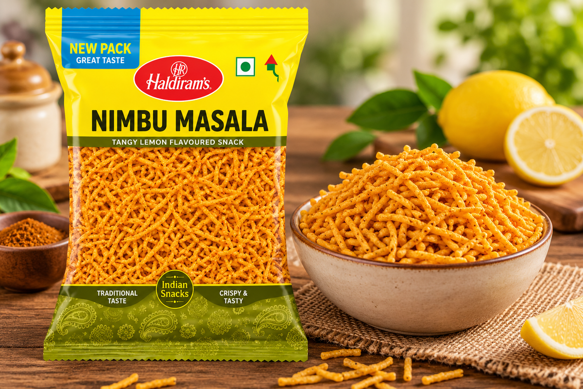 Haldiram’s Nimbu Masala snack packet displayed beside a bowl of crispy golden sev, with fresh lemons and green leaves on a rustic wooden table.