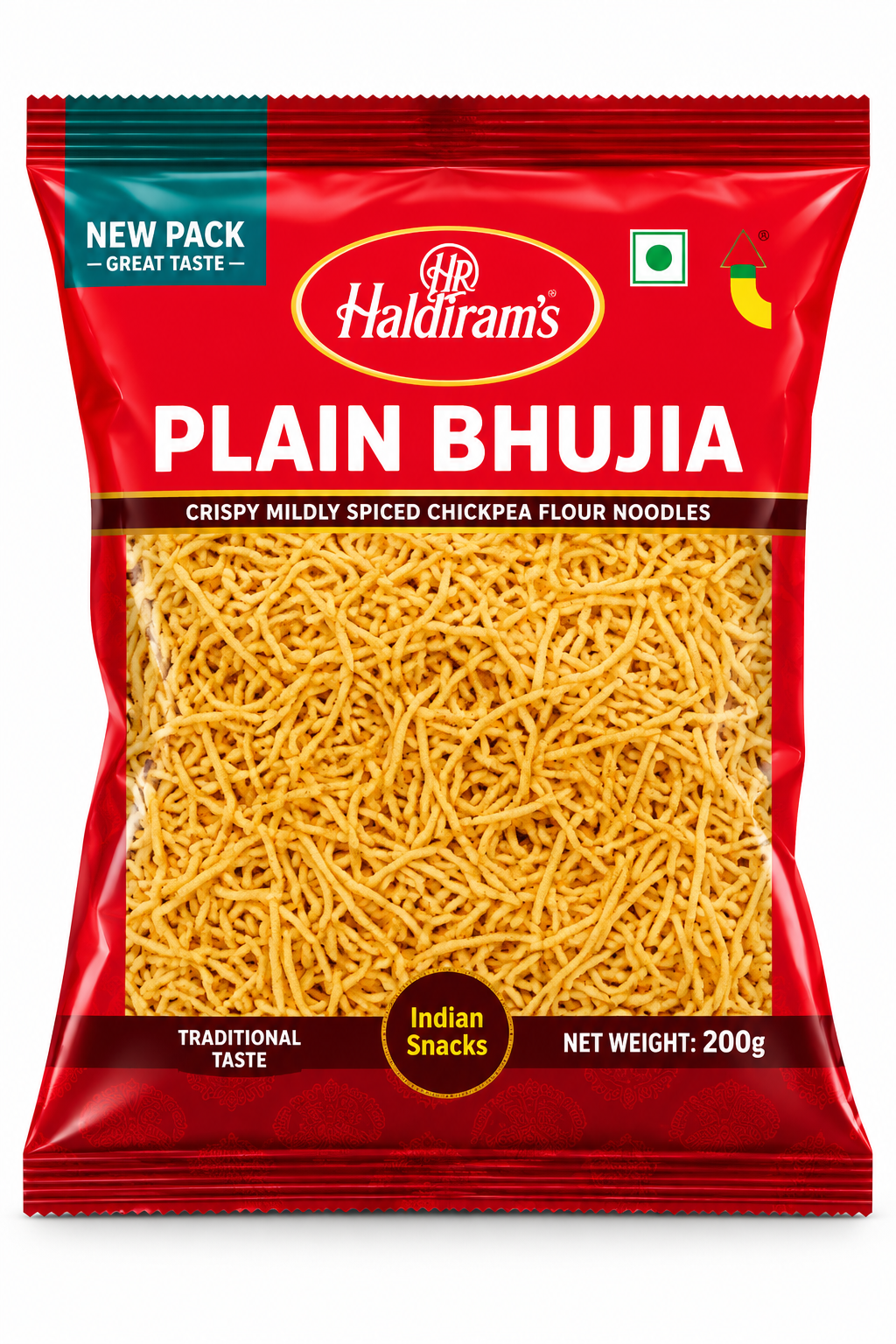 Haldiram’s Plain Bhujia snack packet in red packaging, featuring thin golden crispy chickpea flour noodles.