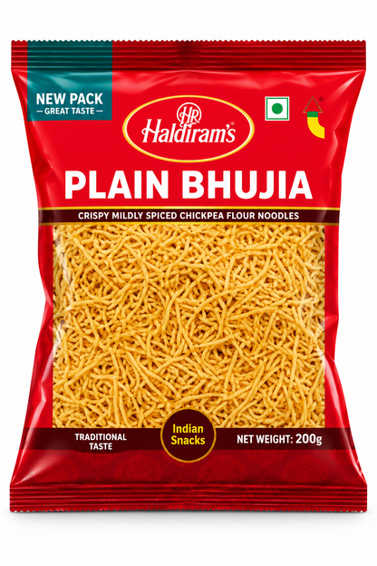 Haldiram’s Plain Bhujia snack packet in red packaging, featuring thin golden crispy chickpea flour noodles.