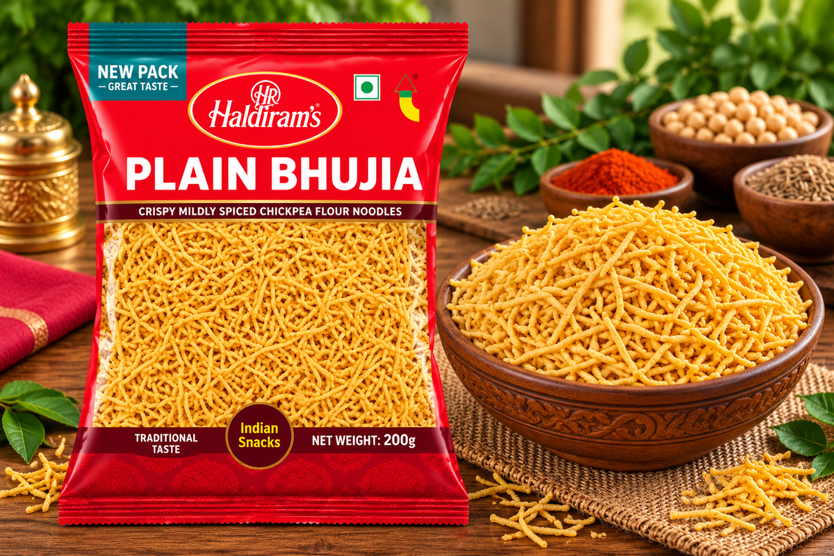 Haldiram’s Plain Bhujia packet displayed beside a wooden bowl filled with golden crispy bhujia on a rustic wooden table with spices and green leaves.