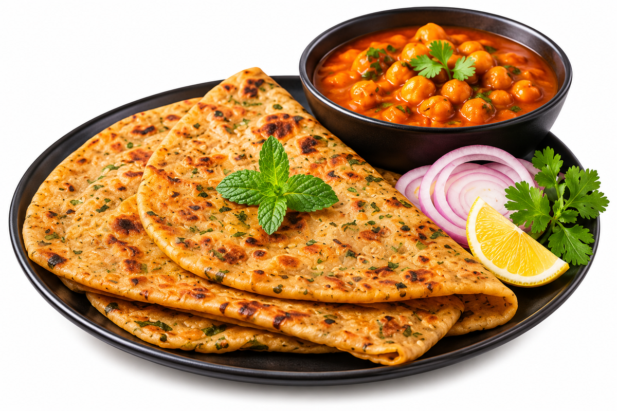 Golden Haldiram's style pudina parathas served with chickpea curry, fresh mint, onion and lemon