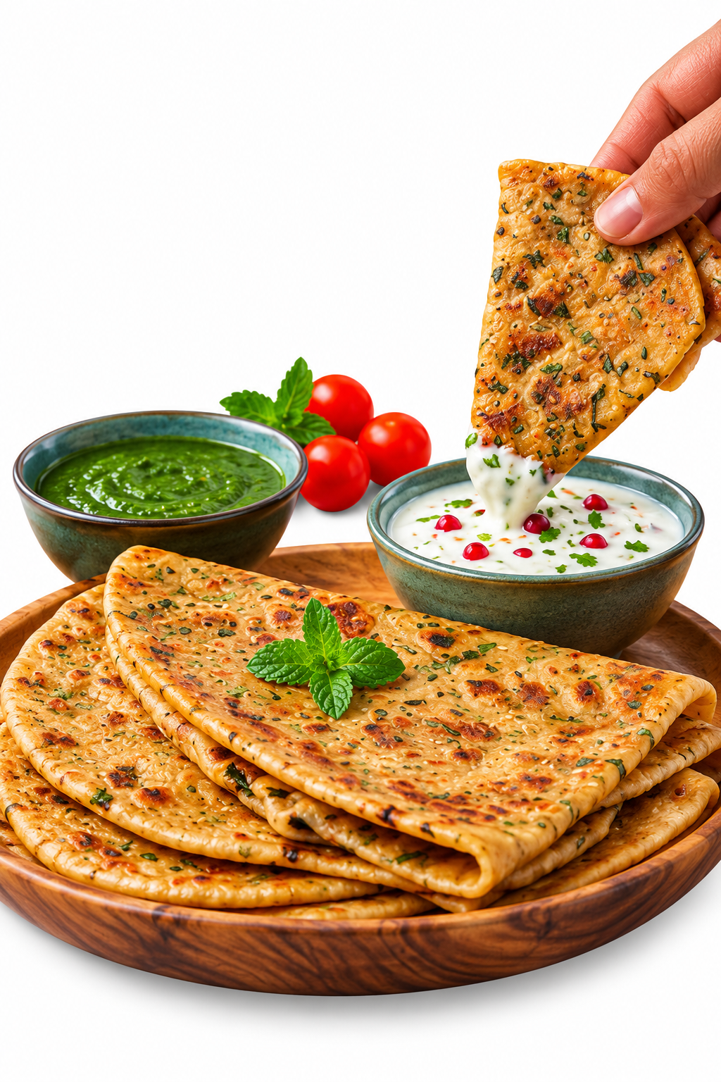 Pudina parathas served with green chutney and mint-garnished raita on a wooden plate