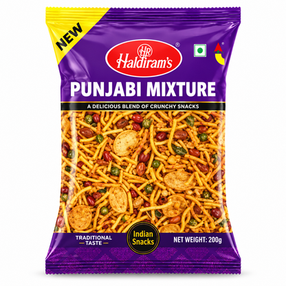 Haldiram’s Punjabi Mixture savoury snack packet in purple packaging, featuring a crunchy mix of sev, peanuts, peas and crispy savoury pieces.