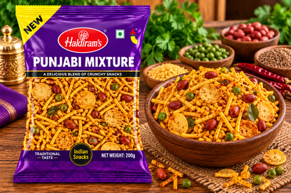 Haldiram’s Punjabi Mixture snack packet displayed beside a wooden bowl of crunchy savoury mixture with sev, peanuts and green peas, surrounded by spices and fresh herbs on a rustic wooden table.