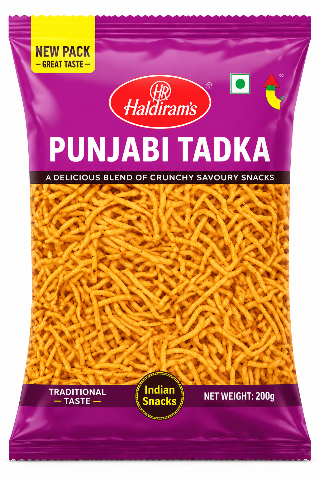 Haldiram’s Punjabi Tadka savoury snack packet in magenta and purple packaging, featuring golden, crunchy spicy sev.