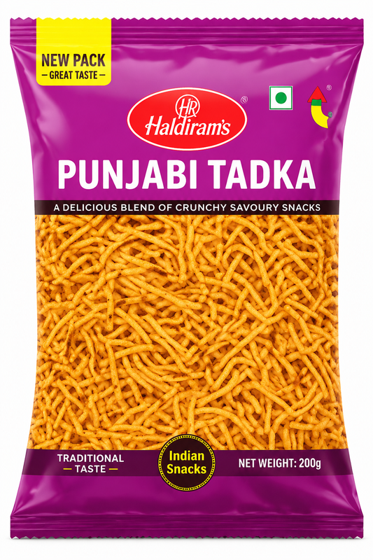Haldiram’s Punjabi Tadka savoury snack packet in magenta and purple packaging, featuring golden, crunchy spicy sev.