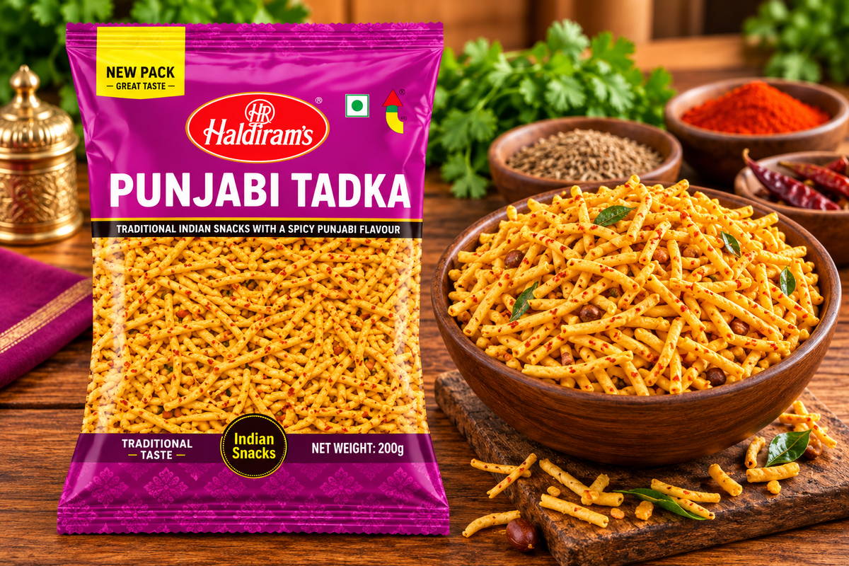 Haldiram’s Punjabi Tadka snack packet displayed beside a wooden bowl of golden spicy sev, with red chilli, whole spices and fresh herbs on a rustic wooden table.