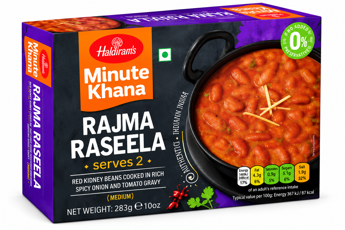 Haldiram's Minute Khana Rajma Raseela 283g curry meal box with purple and orange packaging